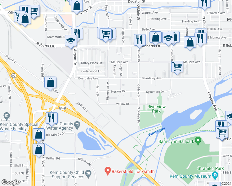 map of restaurants, bars, coffee shops, grocery stores, and more near 619 Huskey Drive in Bakersfield