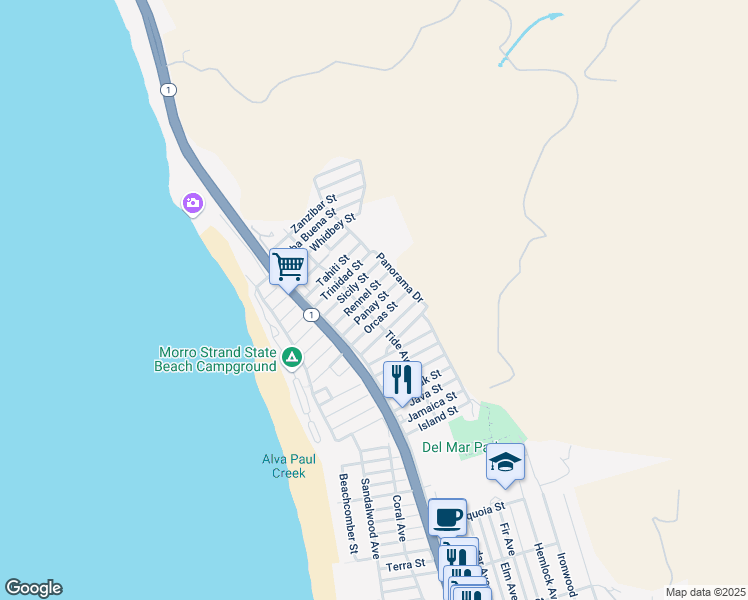 map of restaurants, bars, coffee shops, grocery stores, and more near 391 Panay Street in Morro Bay