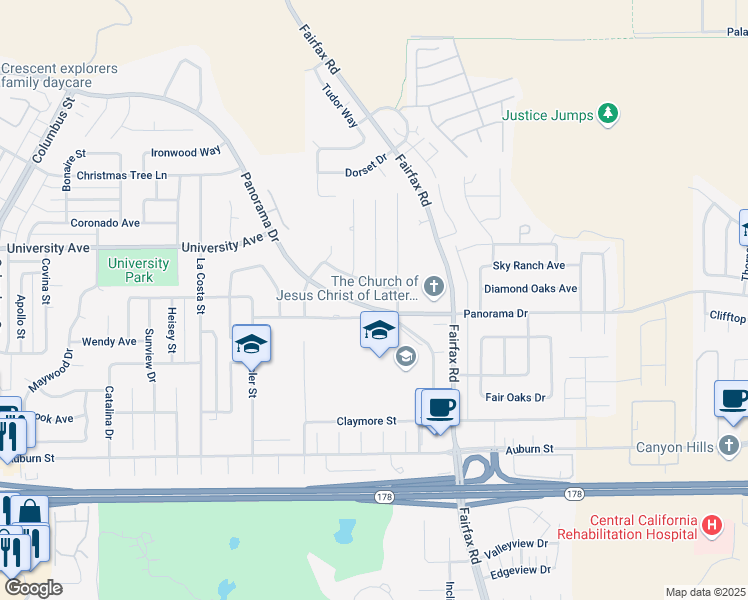 map of restaurants, bars, coffee shops, grocery stores, and more near 5400 Panorama Drive in Bakersfield