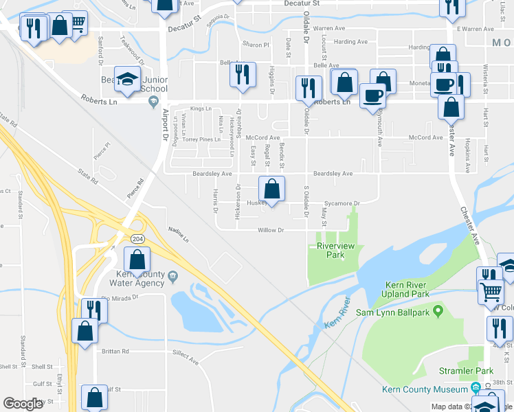 map of restaurants, bars, coffee shops, grocery stores, and more near 607 Huskey Drive in Bakersfield