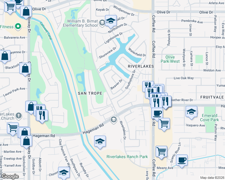 map of restaurants, bars, coffee shops, grocery stores, and more near 4719 Marsh Hawk Drive in Bakersfield