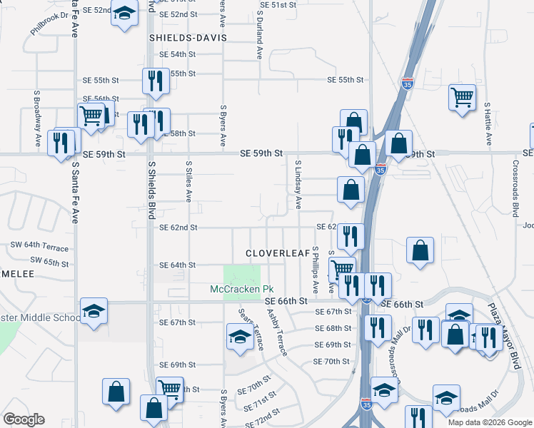 map of restaurants, bars, coffee shops, grocery stores, and more near 6201 Cielo Terrace in Oklahoma City