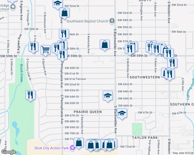 map of restaurants, bars, coffee shops, grocery stores, and more near 1400 Southwest 61st Terrace in Oklahoma City