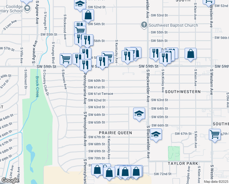 map of restaurants, bars, coffee shops, grocery stores, and more near 1432 Southwest 61st Terrace in Oklahoma City