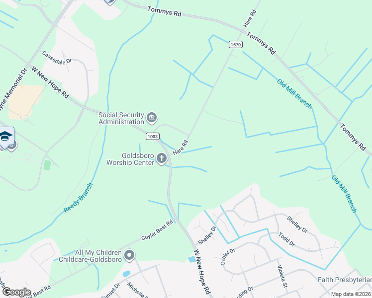 map of restaurants, bars, coffee shops, grocery stores, and more near 130-342 Hare Road in Goldsboro