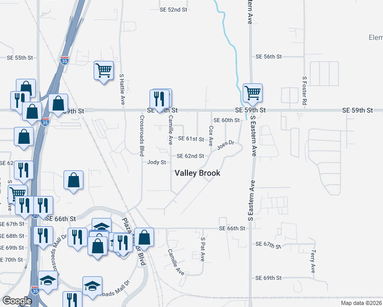 map of restaurants, bars, coffee shops, grocery stores, and more near 1616 Southeast 62nd Street in Oklahoma City