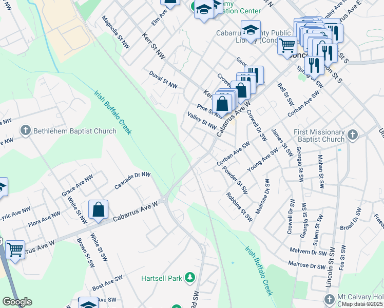 map of restaurants, bars, coffee shops, grocery stores, and more near 327 Howerton Avenue Northwest in Concord