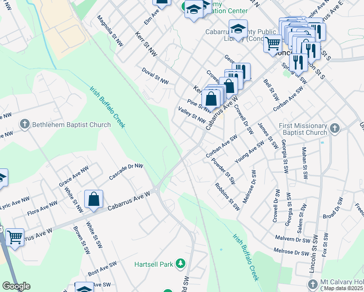 map of restaurants, bars, coffee shops, grocery stores, and more near 327 Howerton Avenue Northwest in Concord