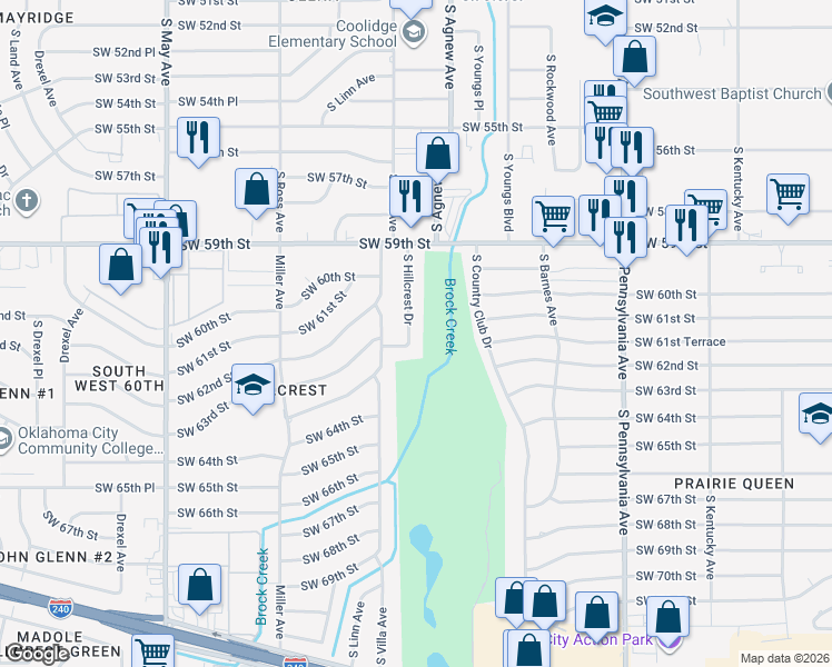 map of restaurants, bars, coffee shops, grocery stores, and more near 6306 South Hillcrest Drive in Oklahoma City