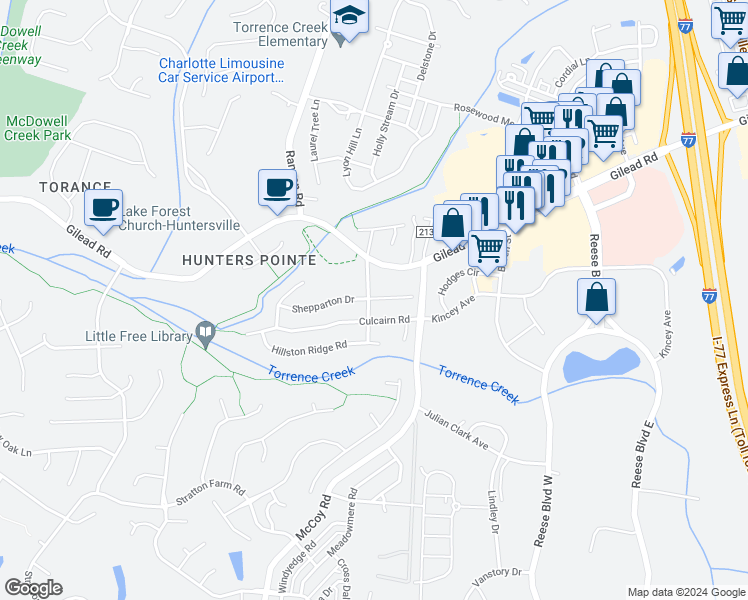 map of restaurants, bars, coffee shops, grocery stores, and more near 9400 Shepparton Drive in Huntersville