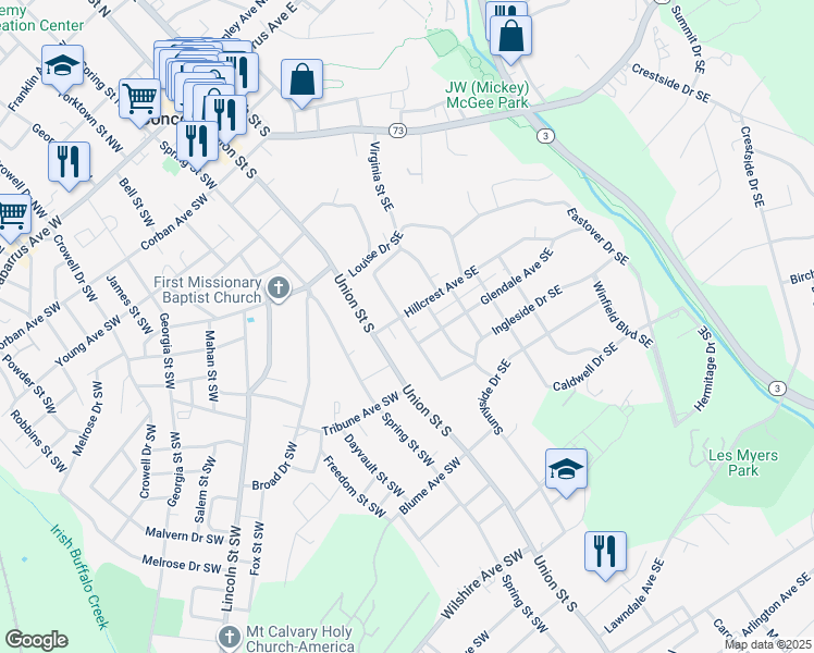 map of restaurants, bars, coffee shops, grocery stores, and more near Sunset Drive Southeast in Concord
