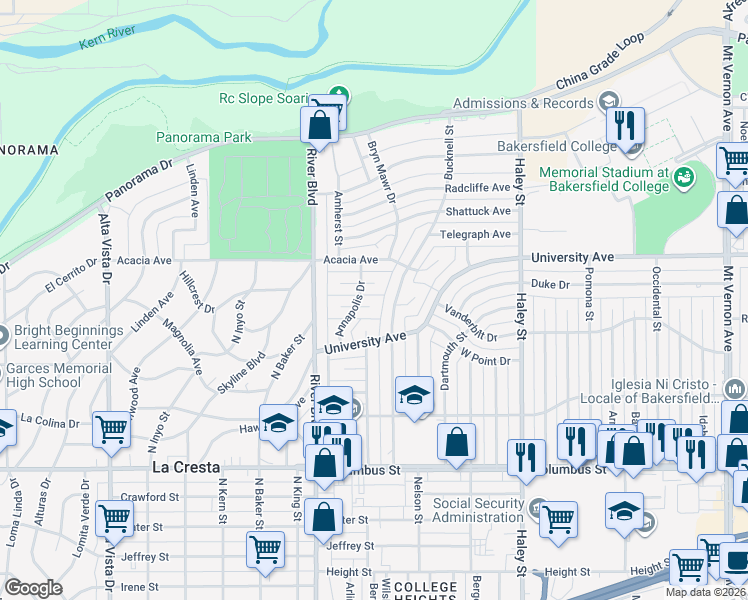map of restaurants, bars, coffee shops, grocery stores, and more near 1008 Oberlin Court in Bakersfield