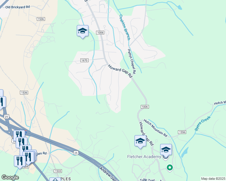 map of restaurants, bars, coffee shops, grocery stores, and more near 225 Nathan Court in Fletcher