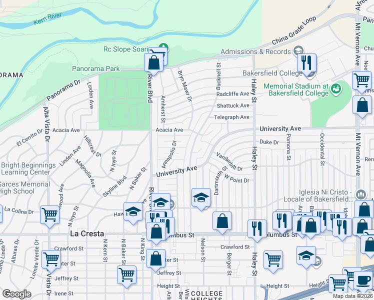 map of restaurants, bars, coffee shops, grocery stores, and more near 3217 Bucknell Street in Bakersfield