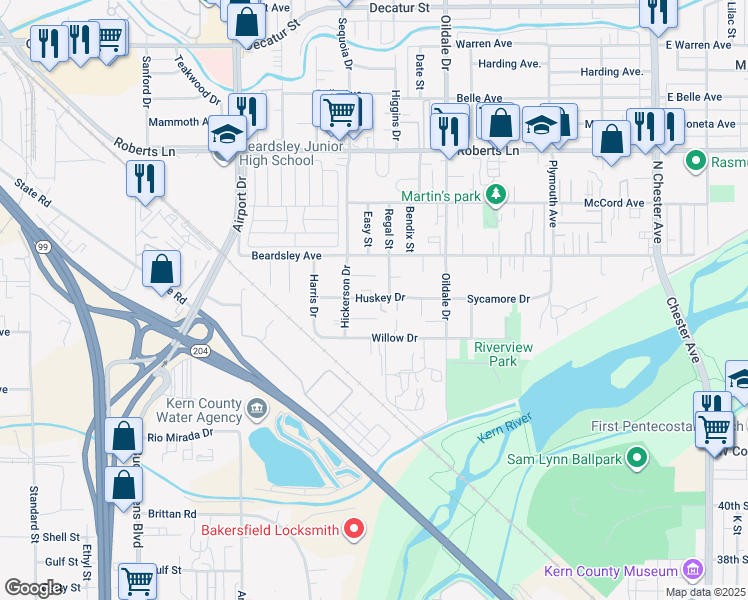 map of restaurants, bars, coffee shops, grocery stores, and more near 607 Huskey Drive in Bakersfield