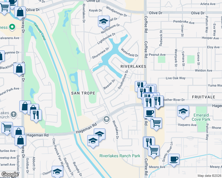 map of restaurants, bars, coffee shops, grocery stores, and more near 8515 Blue Heron Drive in Bakersfield