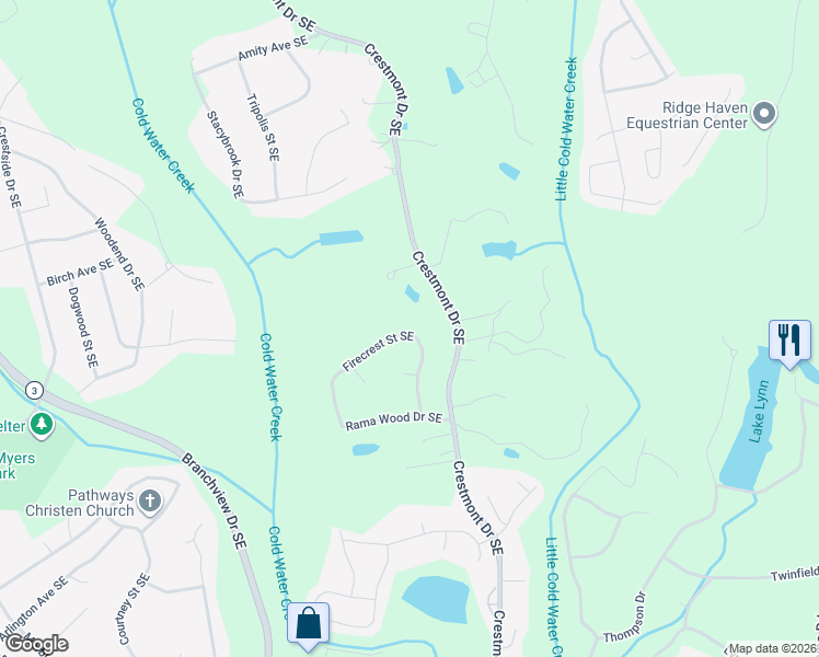 map of restaurants, bars, coffee shops, grocery stores, and more near 726 Firecrest Street Southeast in Concord