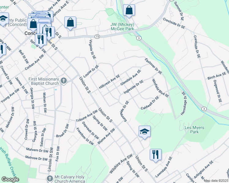 map of restaurants, bars, coffee shops, grocery stores, and more near 72 Glendale Avenue Southeast in Concord