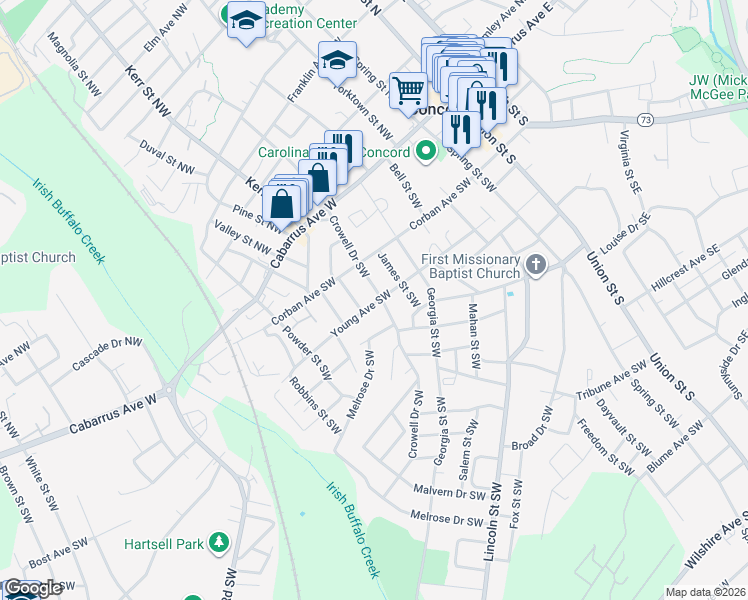 map of restaurants, bars, coffee shops, grocery stores, and more near 110 Crowell Drive Southwest in Concord