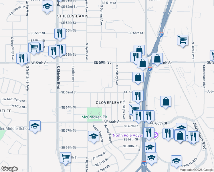 map of restaurants, bars, coffee shops, grocery stores, and more near 628 Southeast 61st Street in Oklahoma City