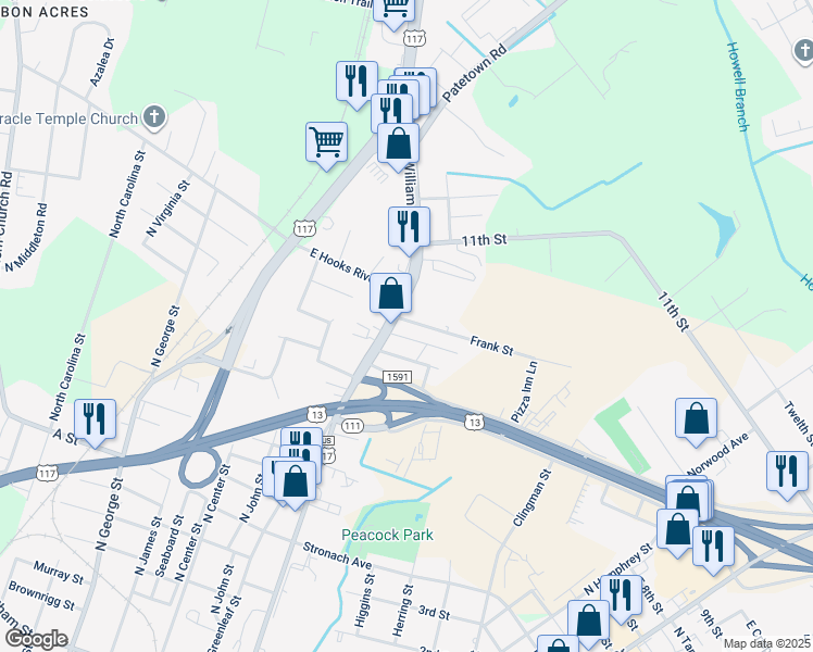 map of restaurants, bars, coffee shops, grocery stores, and more near 422 East Frank Street in Goldsboro