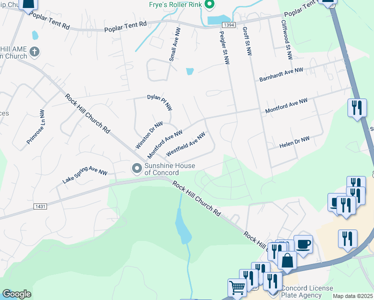 map of restaurants, bars, coffee shops, grocery stores, and more near 2853 Westfield Avenue Northwest in Concord