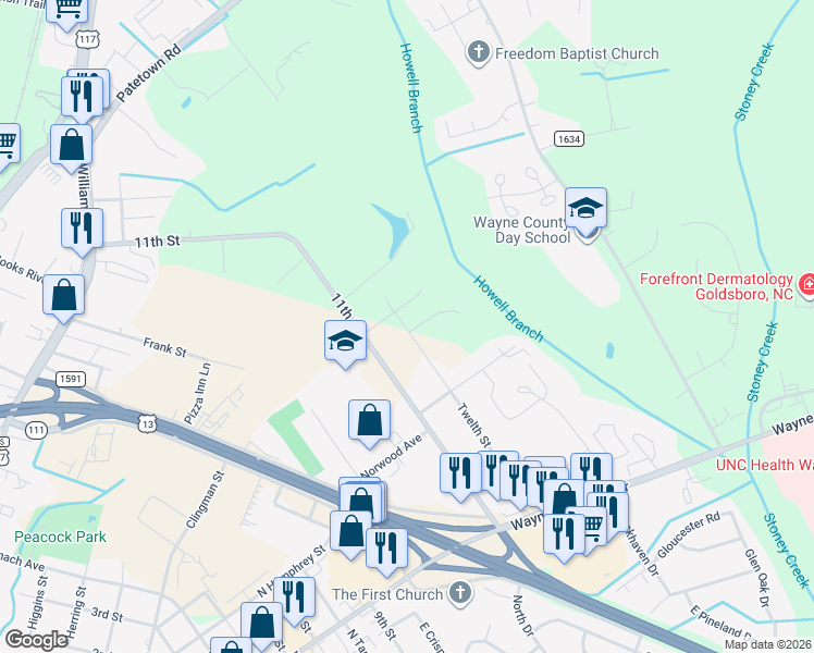 map of restaurants, bars, coffee shops, grocery stores, and more near 811 11th Street in Goldsboro