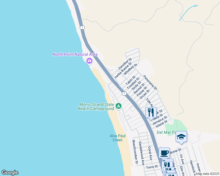 map of restaurants, bars, coffee shops, grocery stores, and more near 101 Whidbey Street in Morro Bay