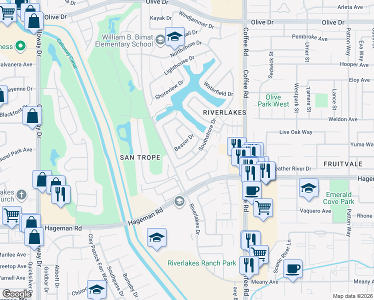map of restaurants, bars, coffee shops, grocery stores, and more near 8515 Blue Heron Drive in Bakersfield