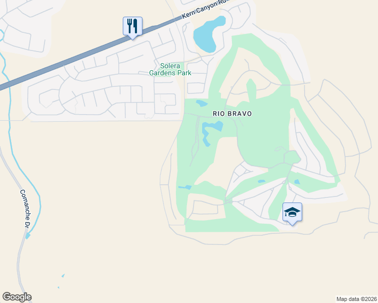 map of restaurants, bars, coffee shops, grocery stores, and more near 5400 Muirfield Drive in Bakersfield
