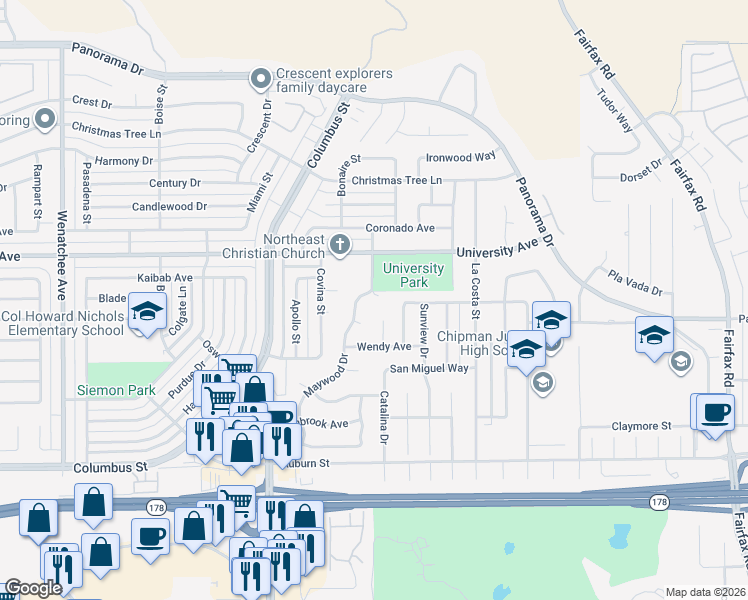 map of restaurants, bars, coffee shops, grocery stores, and more near 3319 Maywood Drive in Bakersfield