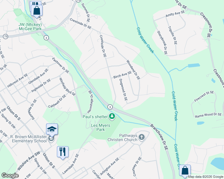 map of restaurants, bars, coffee shops, grocery stores, and more near 584 Crestside Drive Southeast in Concord