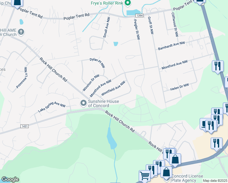 map of restaurants, bars, coffee shops, grocery stores, and more near 2853 Westfield Avenue Northwest in Concord