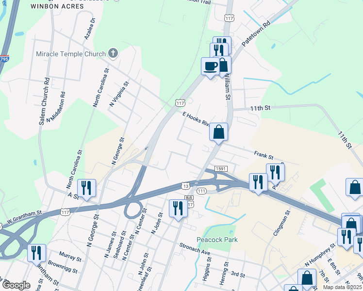 map of restaurants, bars, coffee shops, grocery stores, and more near 1601-1699 North Tuskeegee Street in Goldsboro