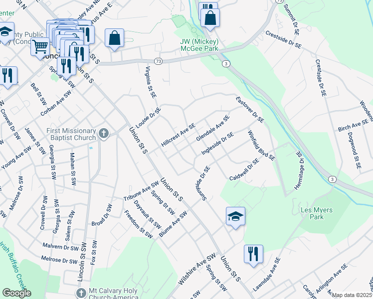 map of restaurants, bars, coffee shops, grocery stores, and more near 72 Glendale Avenue Southeast in Concord