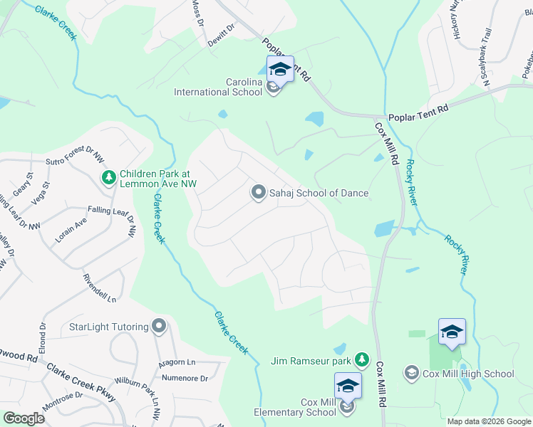 map of restaurants, bars, coffee shops, grocery stores, and more near 9583 Garamont Parkway Northwest in Concord