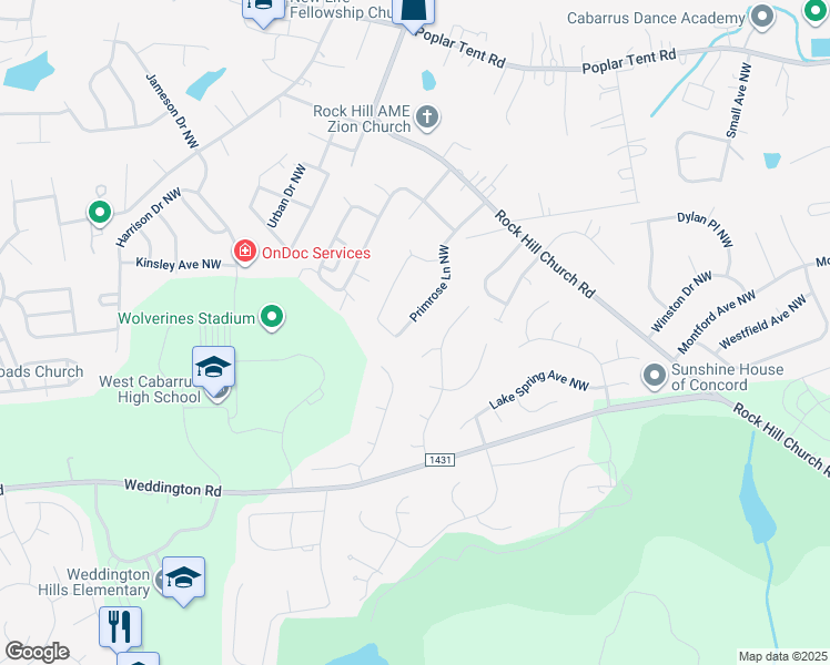 map of restaurants, bars, coffee shops, grocery stores, and more near 811 Primrose Lane Northwest in Concord