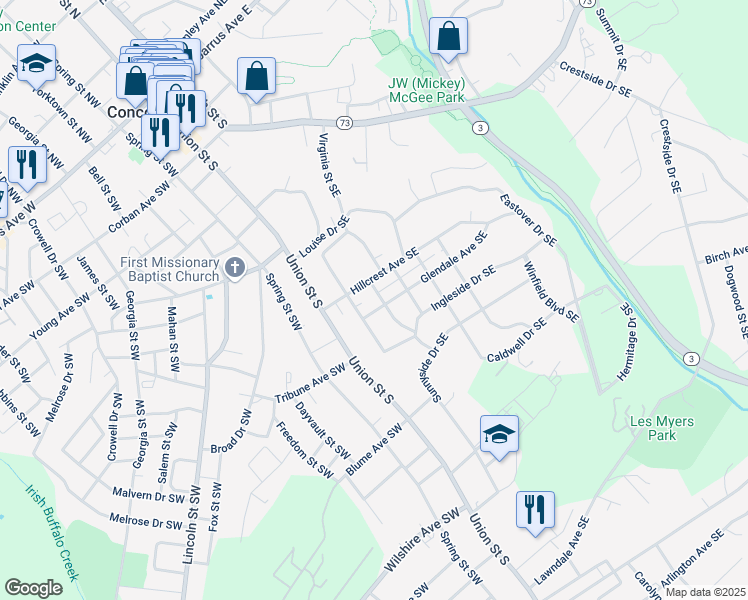 map of restaurants, bars, coffee shops, grocery stores, and more near 322 Sunset Drive Southeast in Concord