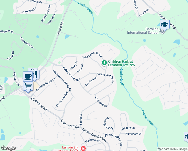 map of restaurants, bars, coffee shops, grocery stores, and more near 10307 Falling Leaf Drive Northwest in Concord