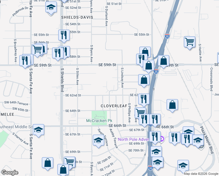 map of restaurants, bars, coffee shops, grocery stores, and more near 6201 Cielo Terrace in Oklahoma City