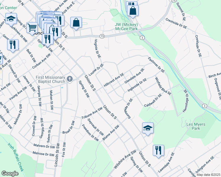 map of restaurants, bars, coffee shops, grocery stores, and more near 322 Sunset Drive Southeast in Concord