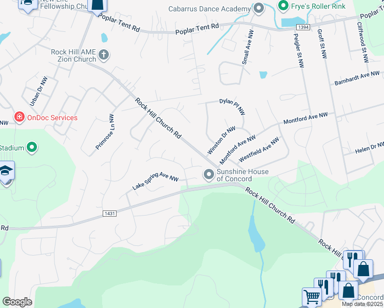 map of restaurants, bars, coffee shops, grocery stores, and more near 1208 Manor Oak Place Northwest in Concord