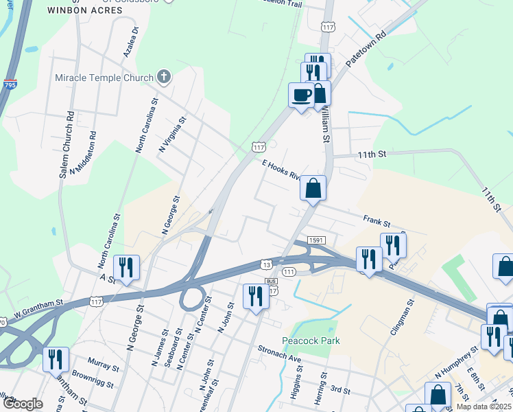 map of restaurants, bars, coffee shops, grocery stores, and more near 204 Dillard Street in Goldsboro