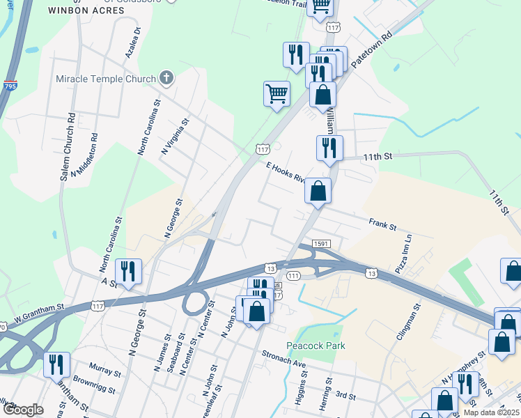 map of restaurants, bars, coffee shops, grocery stores, and more near 204 Dillard Street in Goldsboro