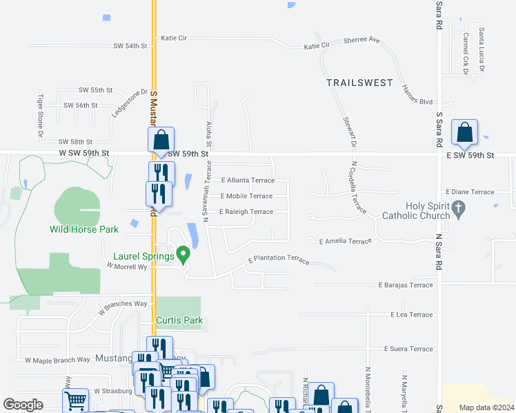 map of restaurants, bars, coffee shops, grocery stores, and more near 335 East Raleigh Terrace in Mustang