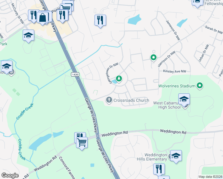 map of restaurants, bars, coffee shops, grocery stores, and more near 574 Lansfaire Avenue Northwest in Concord