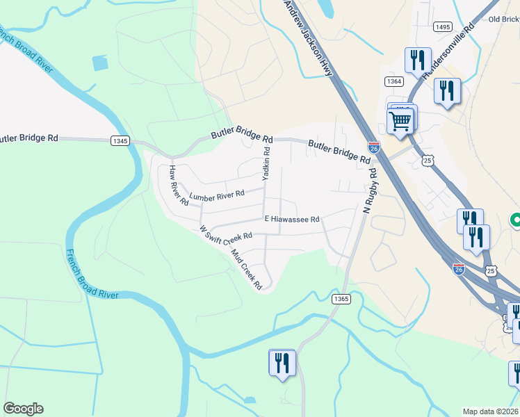 map of restaurants, bars, coffee shops, grocery stores, and more near 22 East Hiawassee Road in Fletcher