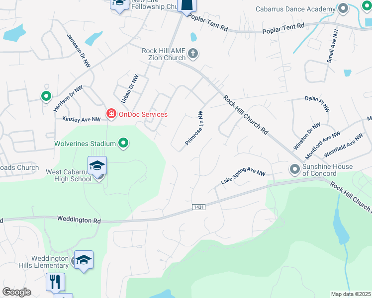 map of restaurants, bars, coffee shops, grocery stores, and more near 811 Primrose Lane Northwest in Concord