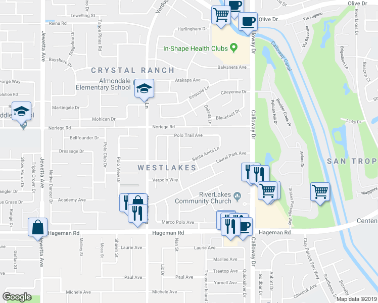 map of restaurants, bars, coffee shops, grocery stores, and more near 10105 Keeneland Court in Bakersfield