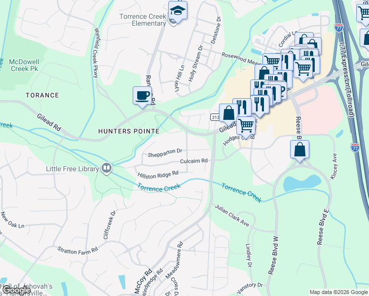 map of restaurants, bars, coffee shops, grocery stores, and more near 9331 Culcairn Road in Huntersville